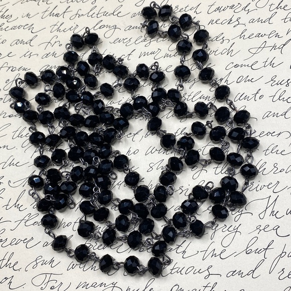 Vintage Black Glass Faceted Beads Long Necklace Over-The-Head Style - Picture 3 of 9